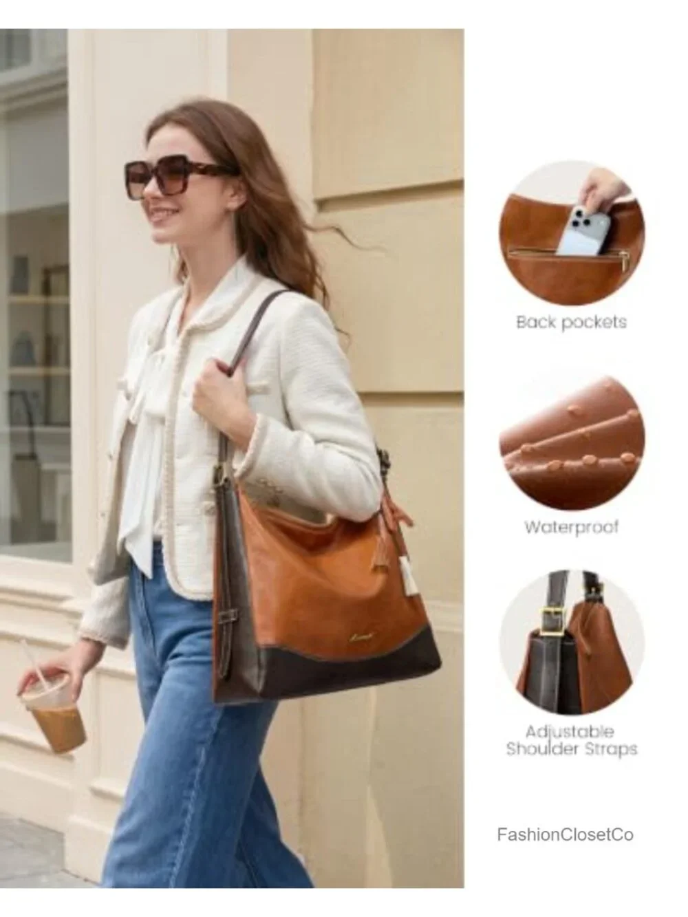Vegan Leather Hobo Bag with Initial Charm, Crossbody Tote Cup Holder